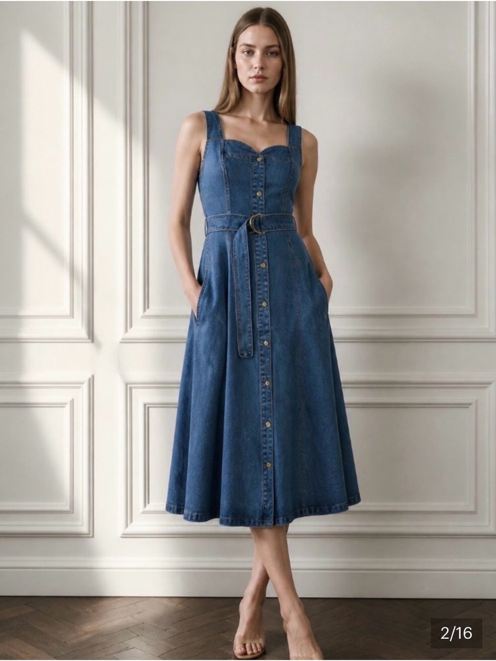House of Harlow 1960 Blue Denim Button-Front Midi Dress with Belt